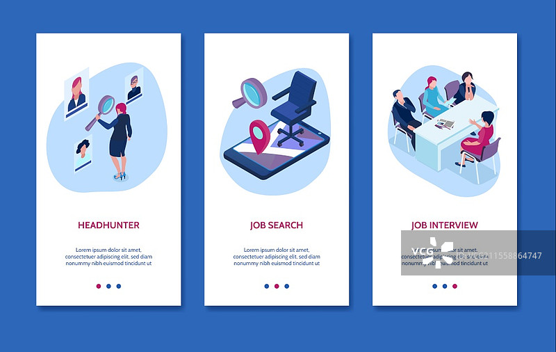 等距招聘机构横幅套件，包含猎头求职和面试标题的矢量插图图片素材