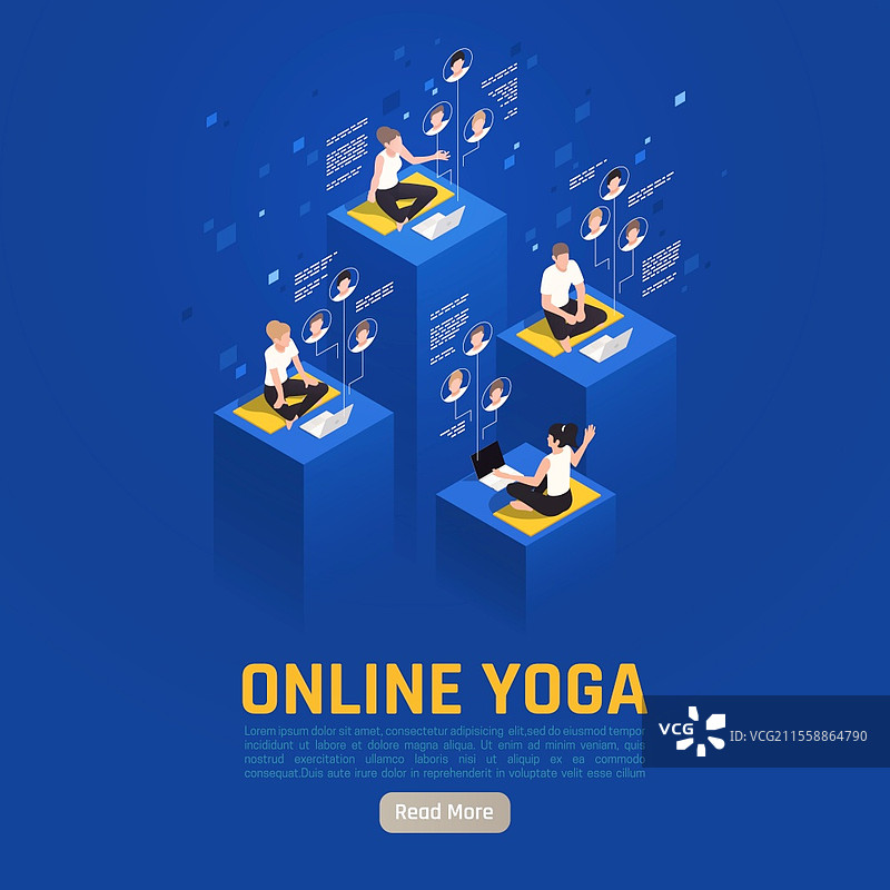 在线虚拟团队建设等距背景，带有“阅读更多”按钮和可编辑文本，包含冥想的人物矢量插图图片素材