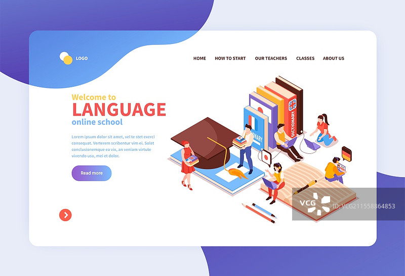 在线语言中心概念等距着陆页，包含可下载的课程教材、母语者音频和证书的矢量插图图片素材