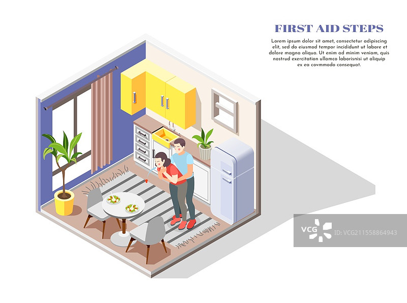 厨房中男性为女性进行腹部压迫的急救步骤等距插图图片素材