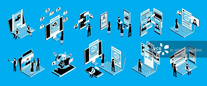 等距浅蓝色社交媒体图标集，包含不同社交网络和内容的矢量插图图片素材