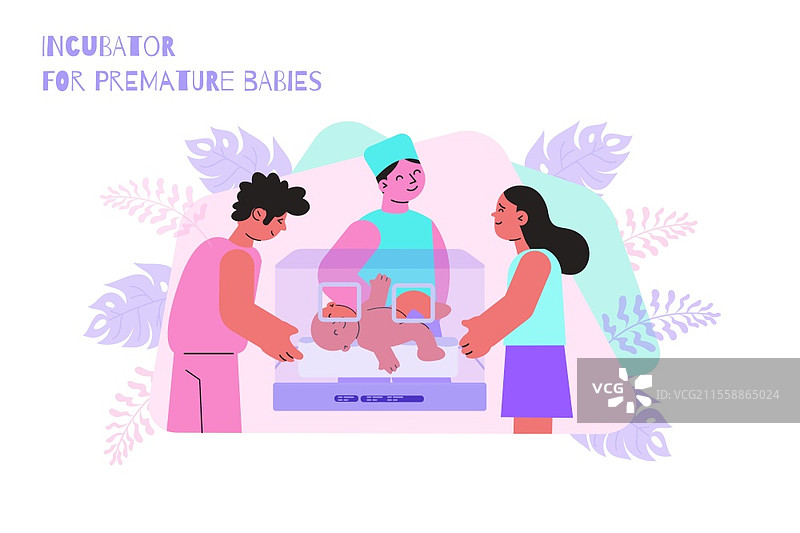 新生儿躺在早产儿保温箱中，父母陪伴的扁平矢量插图图片素材