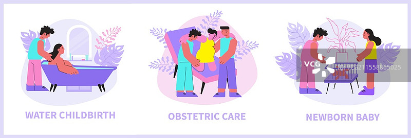 分娩组合，包含平面图像的产科护理、水中分娩和婴儿在游戏围栏内的矢量插图图片素材