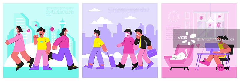 冠状病毒系列，包含三幅平面构图，描绘人们在城市景观中咳嗽的场景，配有文本的矢量插图图片素材