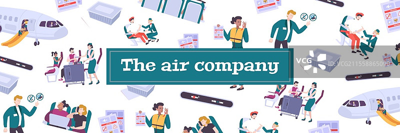 航空公司无缝图案，乘客在机上，工作人员执行官方职责的扁平插图图片素材