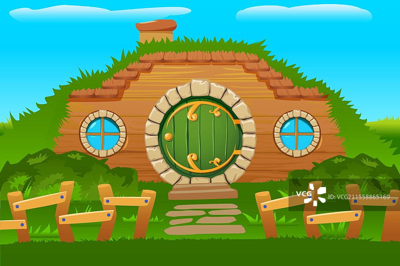 卡通门的构图，外面是建在山坡上的霍比特人房屋，带有圆形窗户的矢量插图图片素材