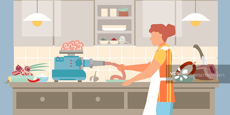自制香肠的平面构图，厨房内部，女性角色正在使用绞肉机准备香肠的矢量插图图片素材