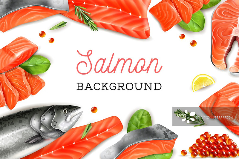白色背景，框架由三文鱼片、柠檬片、迷迭香枝和红鱼子酱组成的逼真矢量插图图片素材