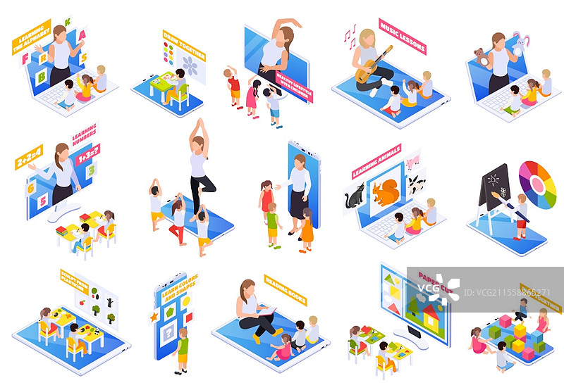 幼儿园儿童在笔记本电脑和智能手机屏幕上进行家庭教育，阅读、数学和绘画的在线等距插图集图片素材