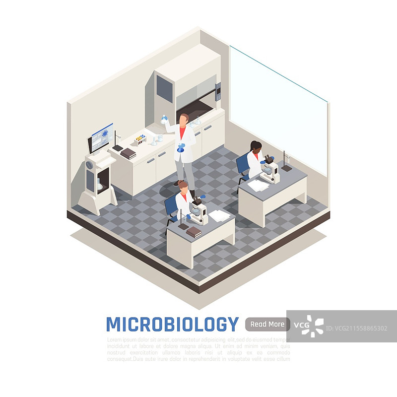 微生物实验室中科学家工作的等距构图3D矢量插图图片素材