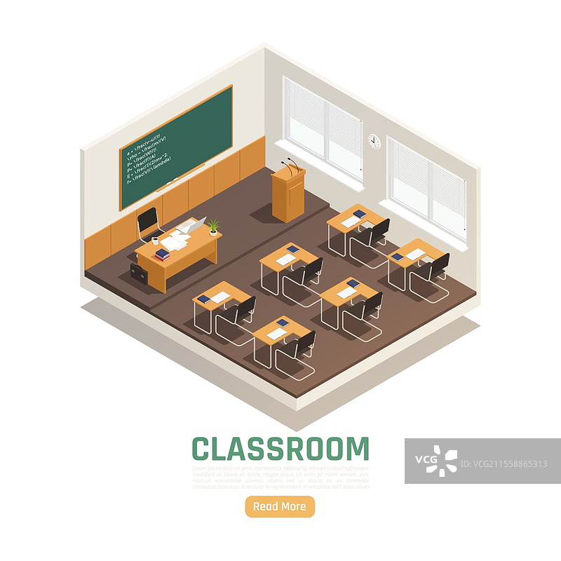空荡荡的高中教室内部，包含桌子、椅子和黑板的3D等距构图插图图片素材