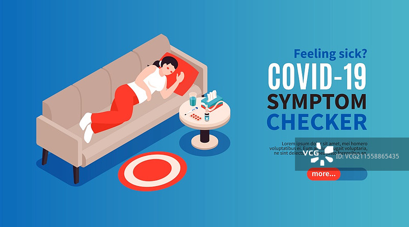 等距感冒流感冠状病毒症状检查横幅，带有“更多”按钮和生病人物角色的矢量插图图片素材