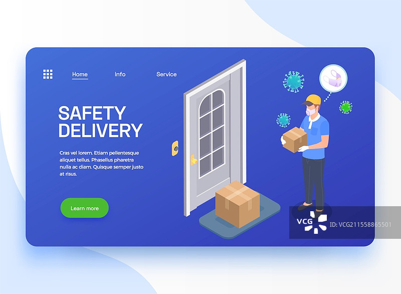 带有新冠病毒防护快递员可点击按钮和链接的配送公司服务等距网站着陆页矢量插图图片素材