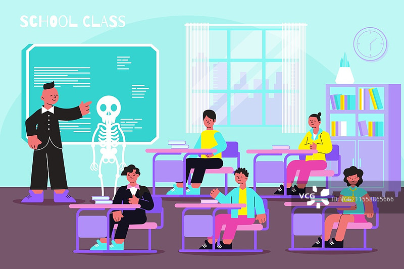 学校解剖课平面构图，教师在电子黑板前讲解骨骼肌肉骨骼系统，矢量插图图片素材