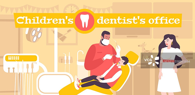 儿童牙科平面构图，带有文字和室内牙科诊所场景，包含孩子和牙医的矢量插图图片素材