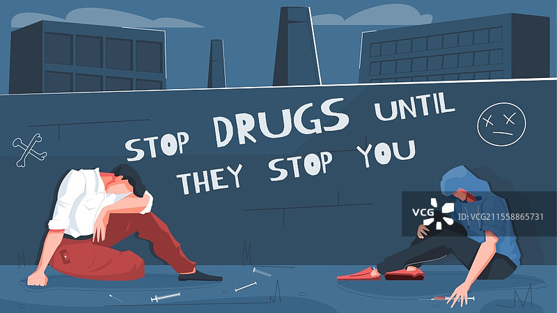 毒瘾平面构图，背景为城市街景，人物手持注射器，带有文字的矢量插图图片素材