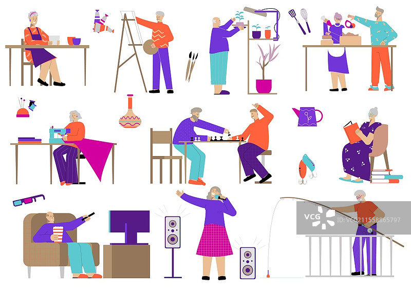 成人爱好平面构图，包含卡通风格的人物角色及其休闲活动的矢量插图图片素材