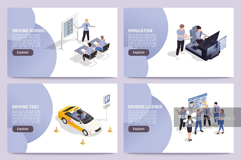 在线驾驶学校广告，4个等距网页横幅，包含个人教练、练习模拟测试和许可证的矢量插图图片素材