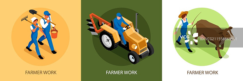 等距农业设计概念，包含三幅方形构图，展示农民在使用农业机械和牛工作的场景插图图片素材