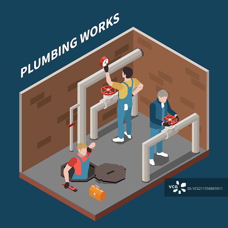 管道工等距概念，三名工人修理管道和水管工作，标题矢量插图图片素材