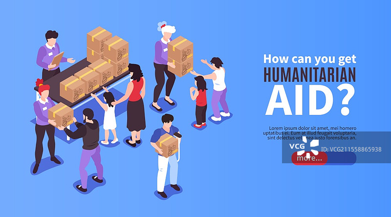 志愿者向需要帮助的人们分发人道主义援助箱的3D等距横幅矢量插图图片素材