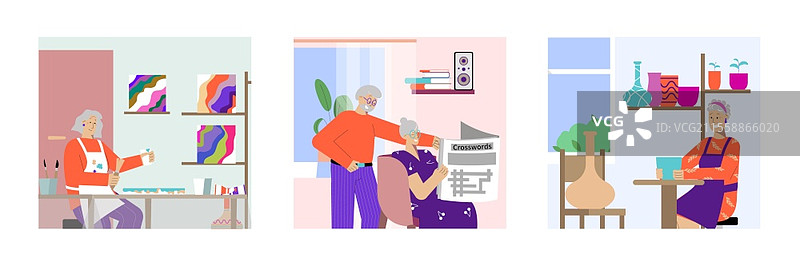 成年人的爱好：三幅平面构图，描绘一对情侣一起绘画、阅读和用粘土制作陶器的矢量插图。图片素材