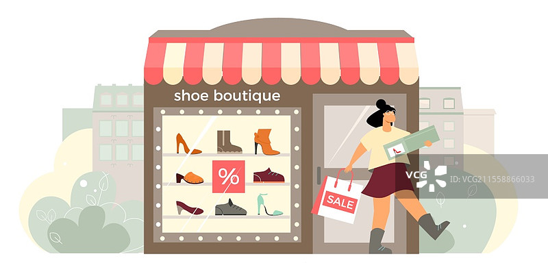 鞋店外观平面构图，商店橱窗展示，开心顾客手提鞋盒走出商店的矢量插图图片素材