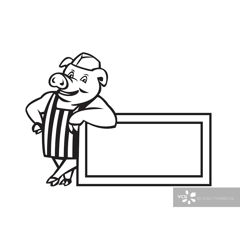 黑白插图，描绘了一只屠夫猪靠在矩形标志上，正面朝向，背景为纯白色，采用卡通风格。屠夫猪靠在标志上或标识卡通黑白图。图片素材