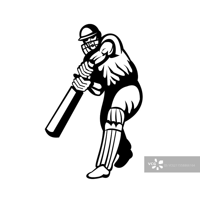 复古黑白风格插图，正面视角的板球运动员或击球手手持球棒击球，背景为单色。图片素材