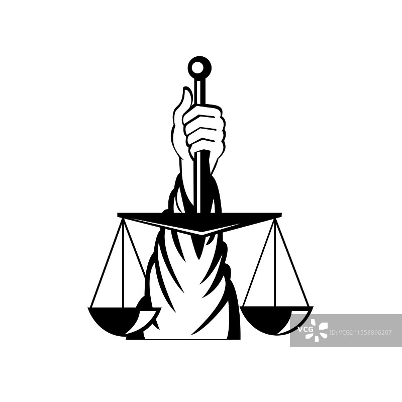 黑白复古风格插图，正面视角的正义女神手持天平，背景为单色。图片素材