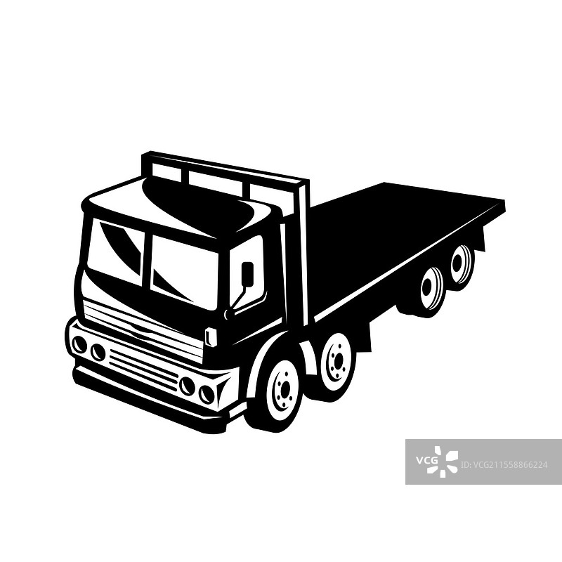 高角度侧视的复古黑白风格平板卡车插图，背景为纯白色。图片素材