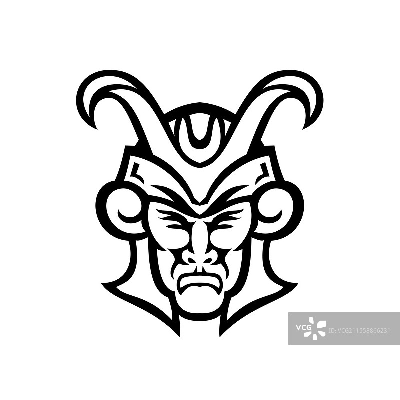 黑白色的洛基头部吉祥物插图，洛基是北欧神话中的一位变形神，正面视角，孤立背景，复古风格。图片素材