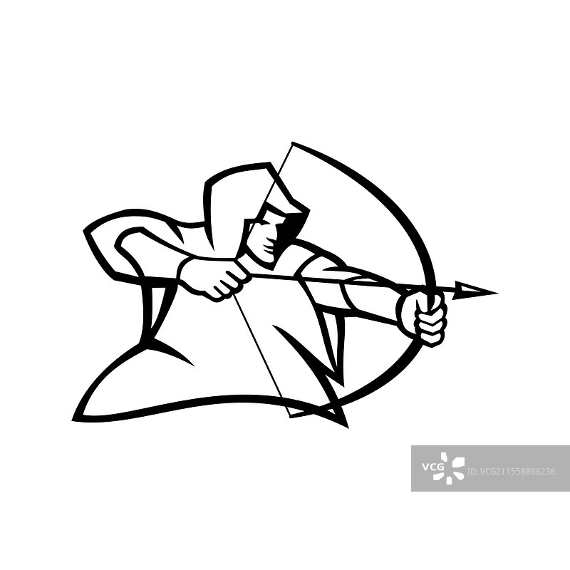 黑白插图，描绘了一位中世纪弓箭手，类似罗宾汉，侧面射箭，穿着绿色斗篷，背景为孤立的复古风格。中世纪弓箭手射箭吉祥物黑白图。图片素材