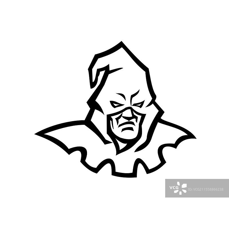 黑白色的吉祥物插图，展示了一个戴面具的中世纪或绝对主义刽子手的头部，正面视角，背景为孤立的复古风格。图片素材