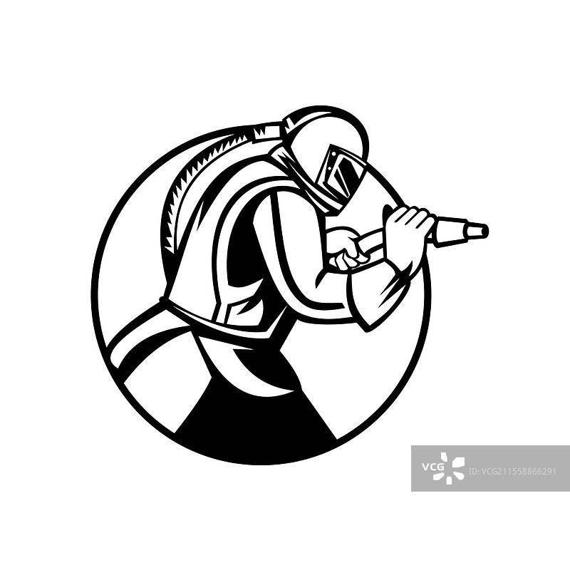 黑白色沙喷枪吉祥物插图，侧面视图，置于圆形中，背景为孤立的复古风格。沙喷枪磨料喷射侧视圆形吉祥物黑白色。图片素材