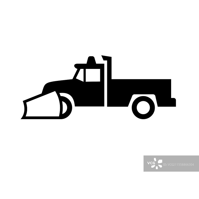 复古黑白风格的雪清除设备或雪铲皮卡车侧面插图，背景为纯白色。雪铲皮卡车图标黑白版。图片素材