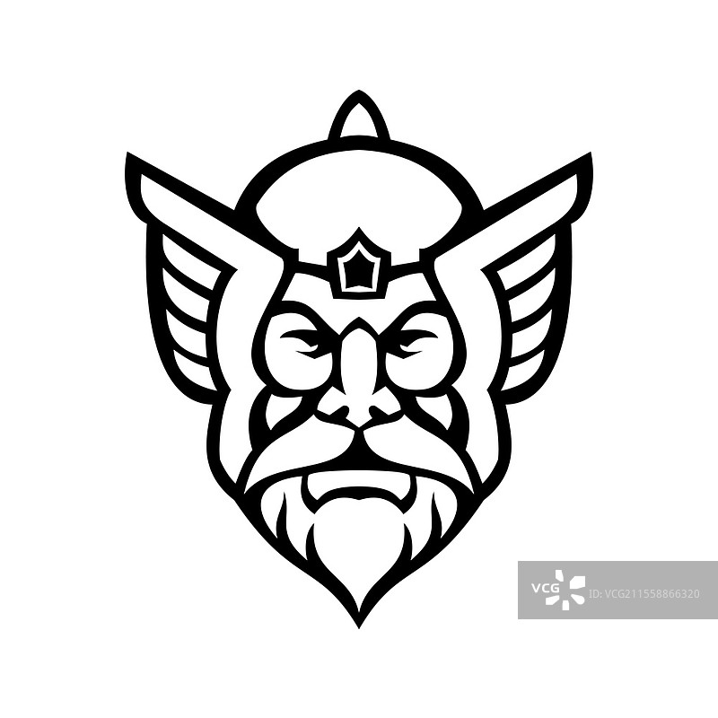 黑白色的雷神托尔头部吉祥物插图，正面视角，背景为孤立的复古风格，托尔是与雷电、风暴和力量相关的持锤神祇。图片素材