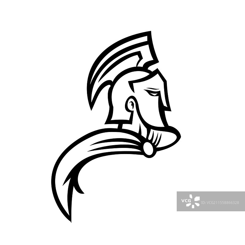 黑白色特洛伊或斯巴达战士的胸像插图，佩戴头盔和飘动的斗篷，侧面视图，背景为孤立的复古风格。特洛伊战士胸像侧视图吉祥物黑白色。图片素材