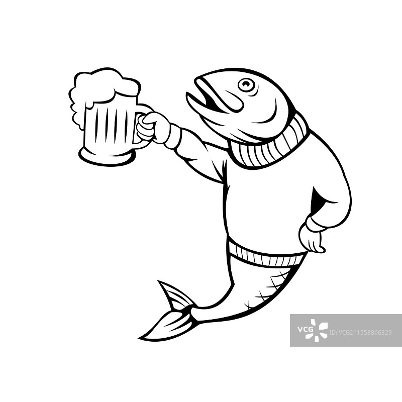 卡通风格插图，描绘了一条穿着毛衣或运动衫的鳟鱼或鲑鱼，举着一杯啤酒，背景为纯白色。图片素材