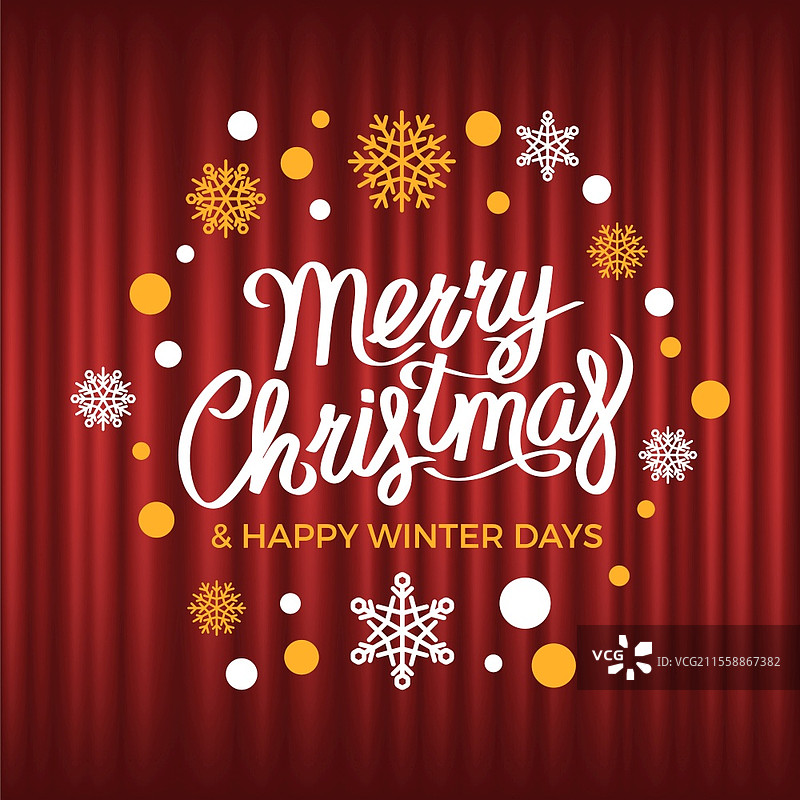 冬季假期的圣诞快乐折扣矢量图，红色窗帘背景上有雪花和文字。商店和商铺为客户提供的优惠。圣诞快乐，快乐的冬日清仓矢量图图片素材