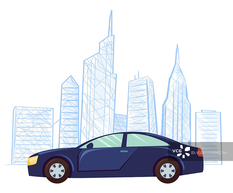 现代汽车矢量图，城市轮廓无色线条与交通工具。城市中的汽车，平面风格的天际线与摩天大楼。汽车城市景观绘图素描摩天大楼矢量图。图片素材