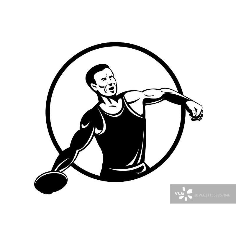 复古风格的铁饼投掷插图，展示了一名运动员在孤立背景下的圆圈内投掷重铁饼的田径项目。图片素材