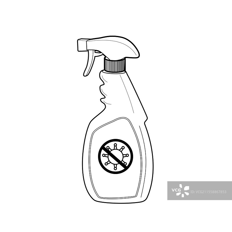 消毒喷雾瓶的线条画风格插图，侧面视图，背景为纯白色，带有停止疫情病毒标志。消毒喷雾瓶与停止疫情病毒标志的黑白线条画。图片素材