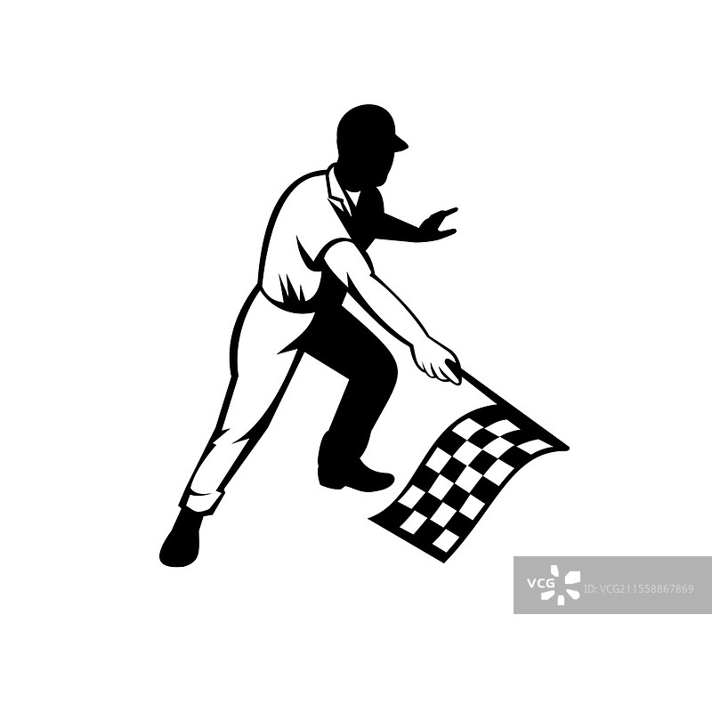 复古木刻风格的黑白插图，描绘了一名挥舞棋盘旗的旗手或比赛官员，在起终点线指示比赛正式结束，背景为单色。图片素材