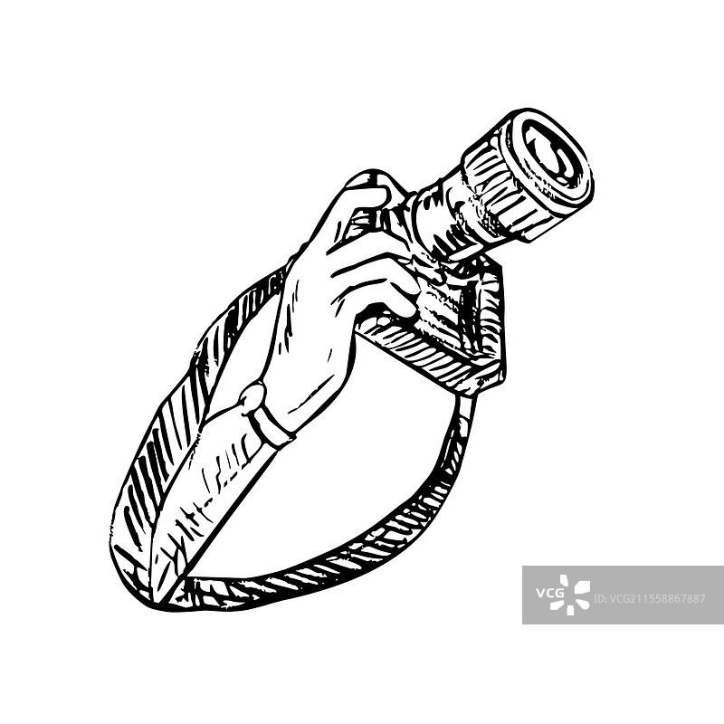 黑白刮画风格插图，手持带肩带的单反相机，背景为孤立图像。图片素材
