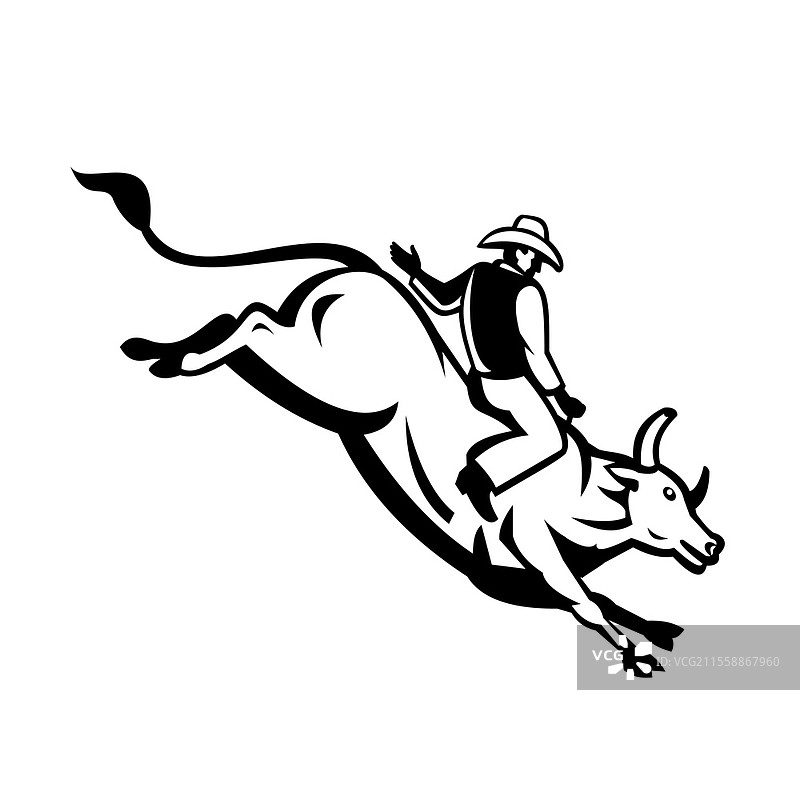 复古风格插图，描绘一名美国牛仔骑手骑在一头试图甩掉骑手的公牛上，侧面视角，背景为黑白色。美国牛仔骑手骑在试图甩掉骑手的公牛上，复古黑白风格。图片素材