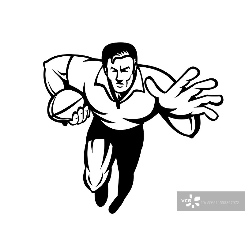 复古黑白风格插图，展示一名橄榄球运动员在前方奔跑，手中持球，另一只手抵挡，背景为单色。图片素材