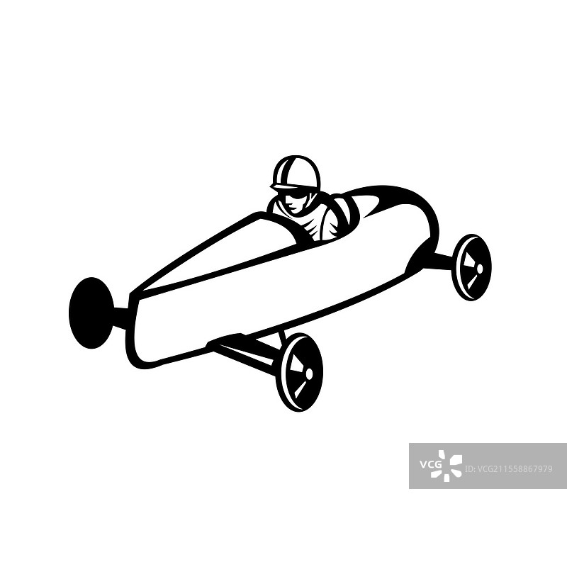 复古黑白风格插图，展示了一辆肥皂盒赛车在比赛中竞速，从高角度侧面视角拍摄，背景为纯白色。图片素材