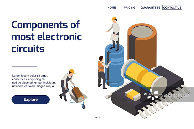 半导体生产页面设计，包含电子电路符号的等距矢量插图。图片素材