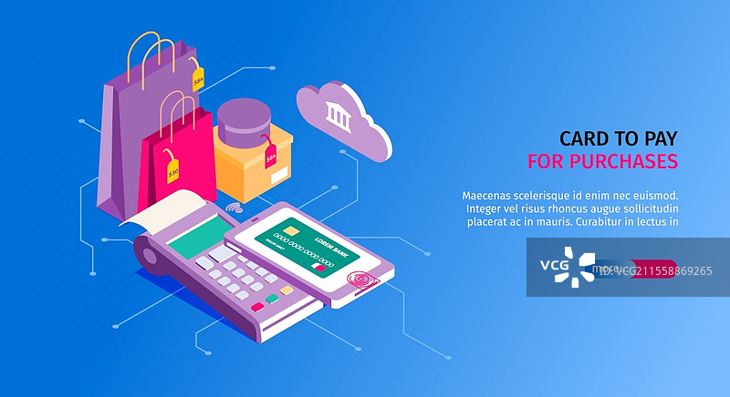 在线银行海报，带有卡片和购物符号的等距矢量插图。图片素材